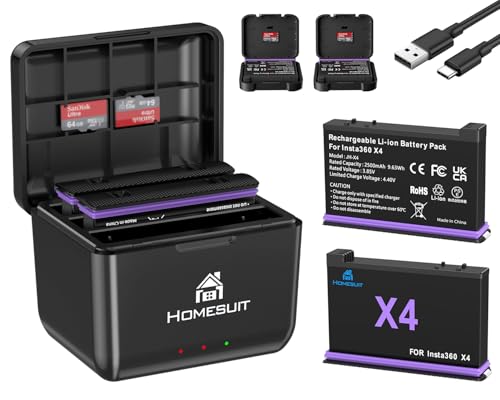 Homesuit 2er-Pack Insta 360 X4 Akku 2500mAh und Schnelles 3-Kanal USB Ladegerät Kit Kompatibel mit Insta360 X4 Action Kamera Zubehör mit Misro SD Kartensteckplätzen (Not for X4 Air)