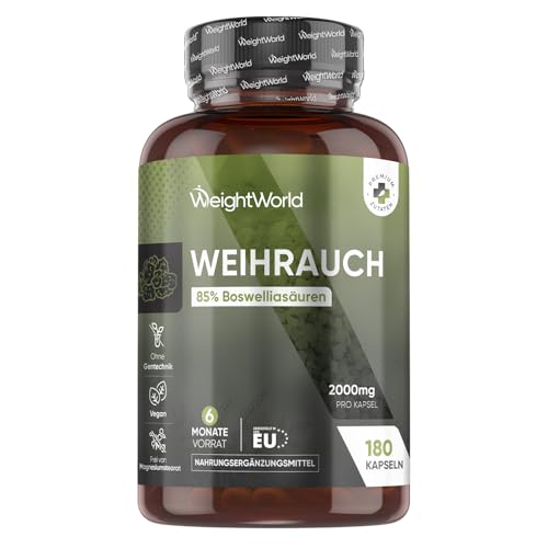 Weihrauchkapseln - 2000mg Boswellia Pulver je Kapsel - 400mg Weihrauch Extrakt - 85% Boswelliasäuren - 180 Kapseln für 6 Monate - Indischer Weihrauch - Vegan & Frei von Magnesiumstearat - WeightWorld