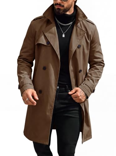 Image of Runcati Mens Trench Coat Double Breasted Notch Lapel Casual Long Overcoat
