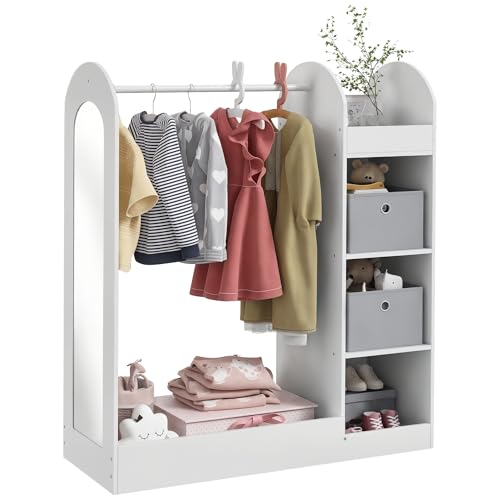 AIYAPLAY Tringle à vêtements pour enfants avec étagère de rangement, boîtes, miroir, armoire pour chambre à coucher, chambre d'enfant, crèche, blanc