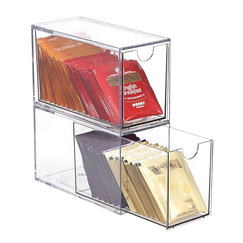 ELLDOO 2 Drawers Tea Bag Organizer, Clear Acrylic Stackable Tea Bag Storage Holder for Kitchen Pantry, Coffee Pod Snack Storage for Countertop Cabinet