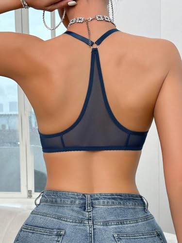 Image of SOLY HUX Women's Sheer Mesh Through Bra Sheer Bralette Front Closure Deep V Neck Wireless Lingerie Sexy Lingerie Bra