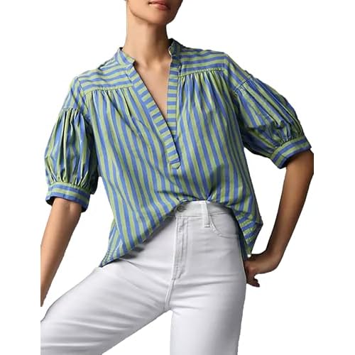 Womens Short Puff Sleeve Striped Blouses Tops of V Neck Loose Fit Casual Summer Shirts Green Medium