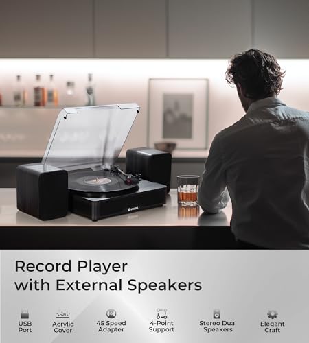 Image of Vangoa Vinyl Record Player with Bookshelf Speakers Bluetooth Vintage Turntable for Vinyl Records Belt-Drive 3 Speed Portable LP Players Wooden Vinyl Players Auto Stop with Cleaning Kits, Black
