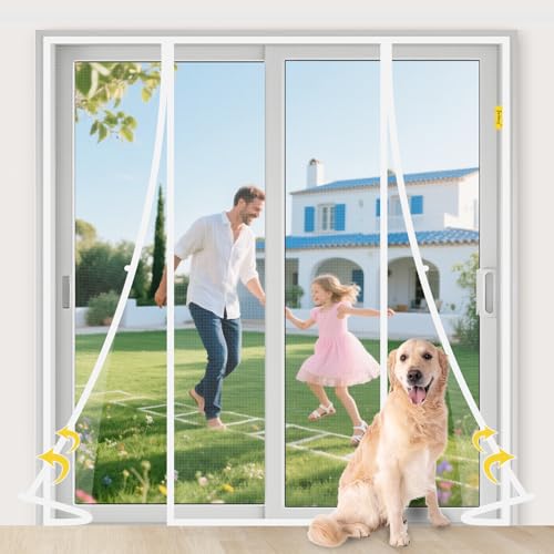 fowong VP Magnet Fliegengitter Tür, Insektenschutz Balkontür 160x230cm, Katzen Sicher, Stärkere Magneten Fliegengittertüren für Schiebetür, zwei Öffnungen, Weiß