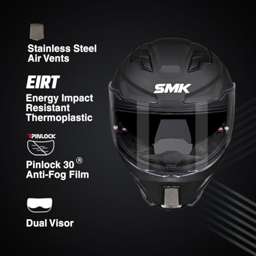 Image of SMK Agnar Solid ISI DOT & ECE 06 Certified Full Face Helmet with Pinlock 30 Antifog Visor (MATT Black - M)