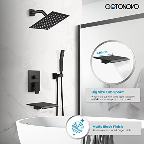 Gotonovo Matte Black Shower System Bathroom Shower Faucet Wall Mount 8 Inch Square Rainfall Shower Head 3-Function Waterfall Tub Spout And Hand Held Spray With Rough-In Valve And Shower Trim Included #TOP1