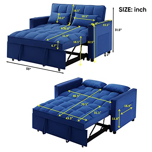 3 In 1 Convertible Sleeper Sofa Bed, Modern Velvet Loveseat Futon Sofa Couch W/Pullout Bed, Small Love Seat Lounge Sofa W/Reclining Backrest, Toss Pillows, Pockets, Furniture For Living Room, Blue #TOP1