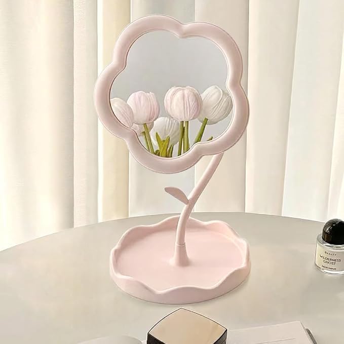 BEHAHAI Flower Shaped Makeup Mirror Rotatable Makeup Mirror with Tray Table Vanity Mirror Cute Flower Shaped Mirror for Tabletop Bedroom Bathroom Living Room (Multicolour)-image-40