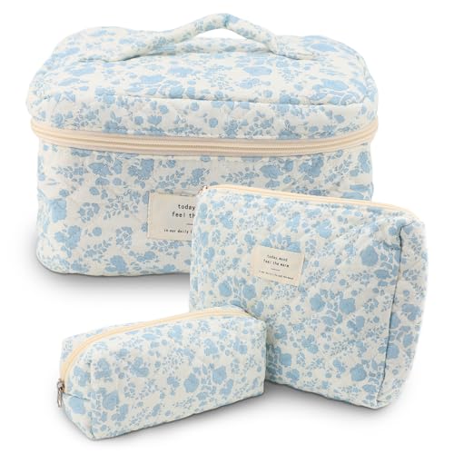Rosvola Travel Makeup Bag, Cosmetic Bag Set with Handle, Makeup Travel Organizer Portable Cotton Toiletry Bag for Bottles, Brushes, Women Girls