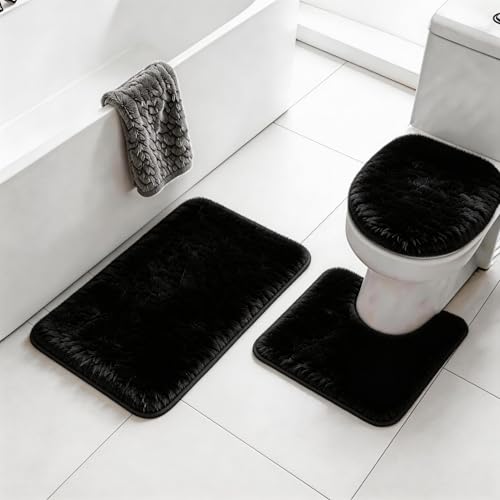 RUN HELIX Black Bathroom Rugs Sets 3 Piece Shaggy Bath