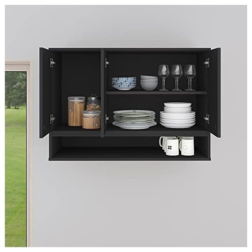 Armário Aéreo 3 Portas Com Nicho Suspenso Cozinha Parede Area Serviço (Preto)