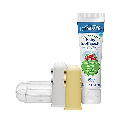 Image of Dr. Brown's 100% Silicone Baby Finger Toothbrush and Toothpaste Set, 2-Pack Toothbrush with Storage Case, Fluoride-Free Strawberry Toddler Toothpaste, Gray & Yellow