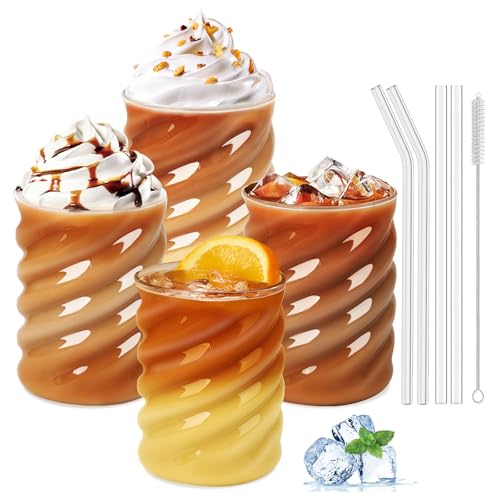 SILRIVES Verre Avec Paille 350 ml 4 Pièces, Set de Verres Latte Avec Paille, Tasse à Café Glacé, Matcha, Mojito,Verre à Bière,Cocktail,MilkShake,Smoothie