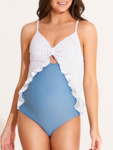 Summer Mae Maternity Swimsuit One Piece Ruffle Cutout Pregnancy Bathing Suit Lace Up Swimwear Blue Stripe X-Large - Image 7