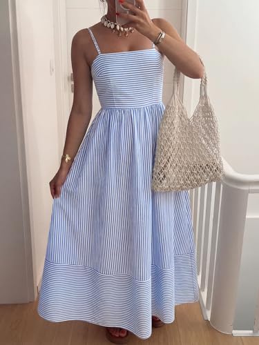 Image of Caracilia Womens Maxi Dresses Gingham Spaghetti Strap Back Smocked Flowy Long Sundress Summer Beach Vacation Clothes 2026