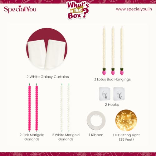 Image of SpecialYou Ganpati Decoration Setup for Home Decor With Pink Back drop Curtain for Decoration & Lotus Bud Wall Hanging Decoration, Wall Decor Items for Living Room- 13Pcs