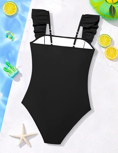 Image of NECIOUS Girls Swimsuit Ruffle Adjustable Straps One Piece Bathing Suit Solid Color Ruched Girls' Swimwear 9-16Y