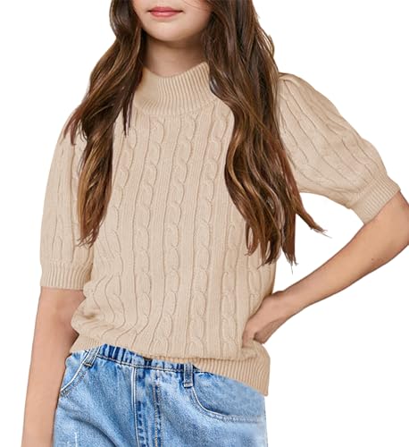 Girl's Puff Short Sleeve Sweaters Turtleneck Knit Soft Pullover Tops
