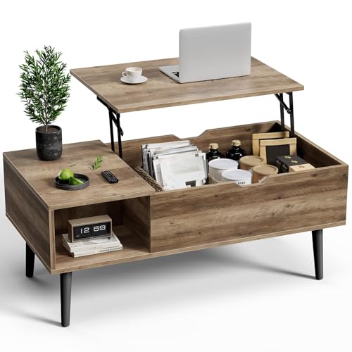 Image of Sweetcrispy Coffee Table Lift Top Coffee Tables for Living Room,Small Rising Wooden Center Tables with Storage Shelf and Hidden Compartment, Grey