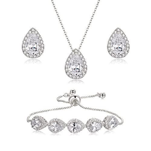 Image of Clearine Women's Jewellery Set for Bride Bridemaids Teardrop Cubic Zirconia Pendant Necklace Earrings Bracelet Set for Wedding Party Clear Silver-Tone