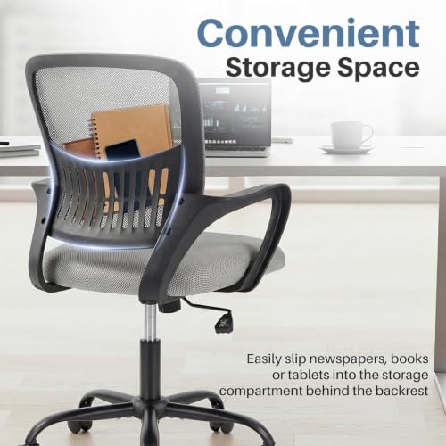 Image of DUMOS Home Office Chair, Ergonomic Lumbar Support Desk Chair | Mid Back Mesh, Height Adjustable Fixed Armrest, Rocking Mode 360 Swivel, Conference Computer, Grey