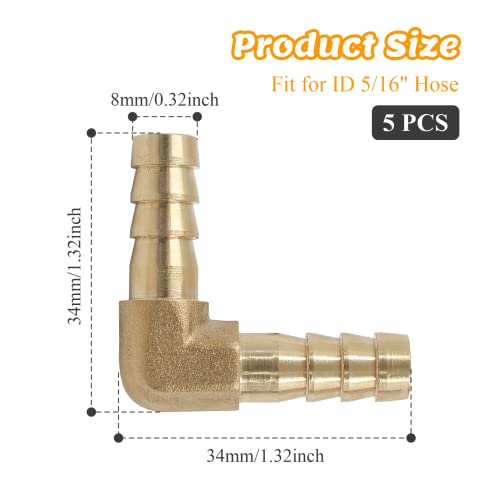 Auvotuis 5Pcs 5/16 Inch Brass Hose Barb Elbow 90 Degree L Right Angle Elbow 8Mm Hose Id Barb Reducer Union Water/Fuel/Air #TOP1