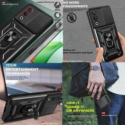 Image of SPAZY CASE Oppo K13x 5G Back Cover | Heavy Duty Hybrid Case with 360 Degree Rotating Finger Ring Holder + Slider Shutter Camera Protection Case for Oppo K13x 5G - Black