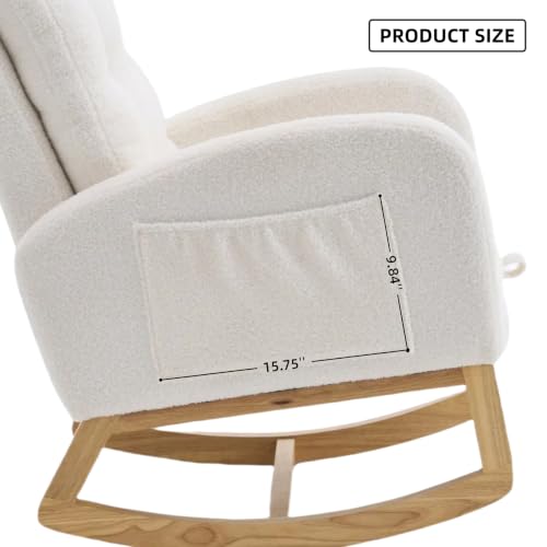 Image of Rocking Chair with Foot Rest, Nursery Rocking Chairs with Rubber Wood Legs, High Back Pocket Modern Upholstered Glider Chair, Comfy Accent Rocker Armchair for Living Room Bedroom,Beige White