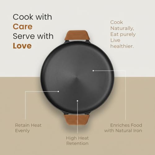 Image of HomeEssentials Round Non-Stick Cast Iron Tawa with Silicone Grip Handles | Non-Stick Cooking & Serving Pan for Dosa, Chapati, Roti, Pizza, Pancakes, Omelets and Daily Cooking