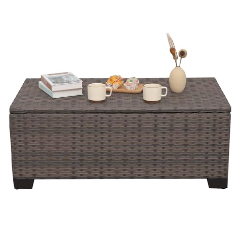 Rattaner Patio Coffee Table Outdoor Storage Table for Patio Wicker Coffee Table Outdoor Table with Patio Storage Box Furniture Cover, Mixed Brown