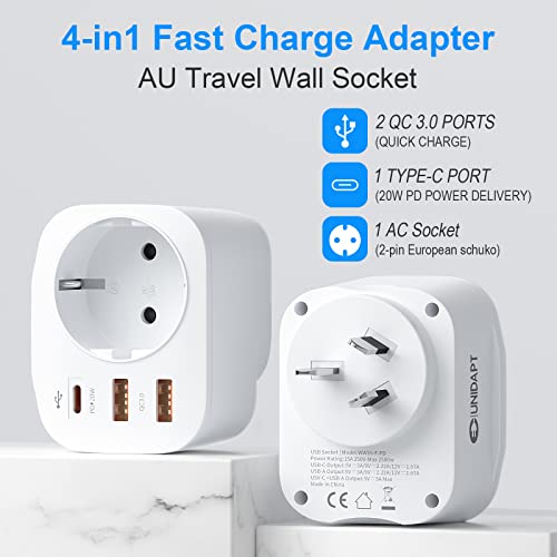 Unidapt Cestovní adaptér 20 W Austrálie, 4 v 1 PD & QC 3.0 adaptér rychlonabíječky, se 2 USB přípojkami a 1 přípojkou USB C, pro Austrálii, Argentinu, Čínu, CE certifikaci typ I