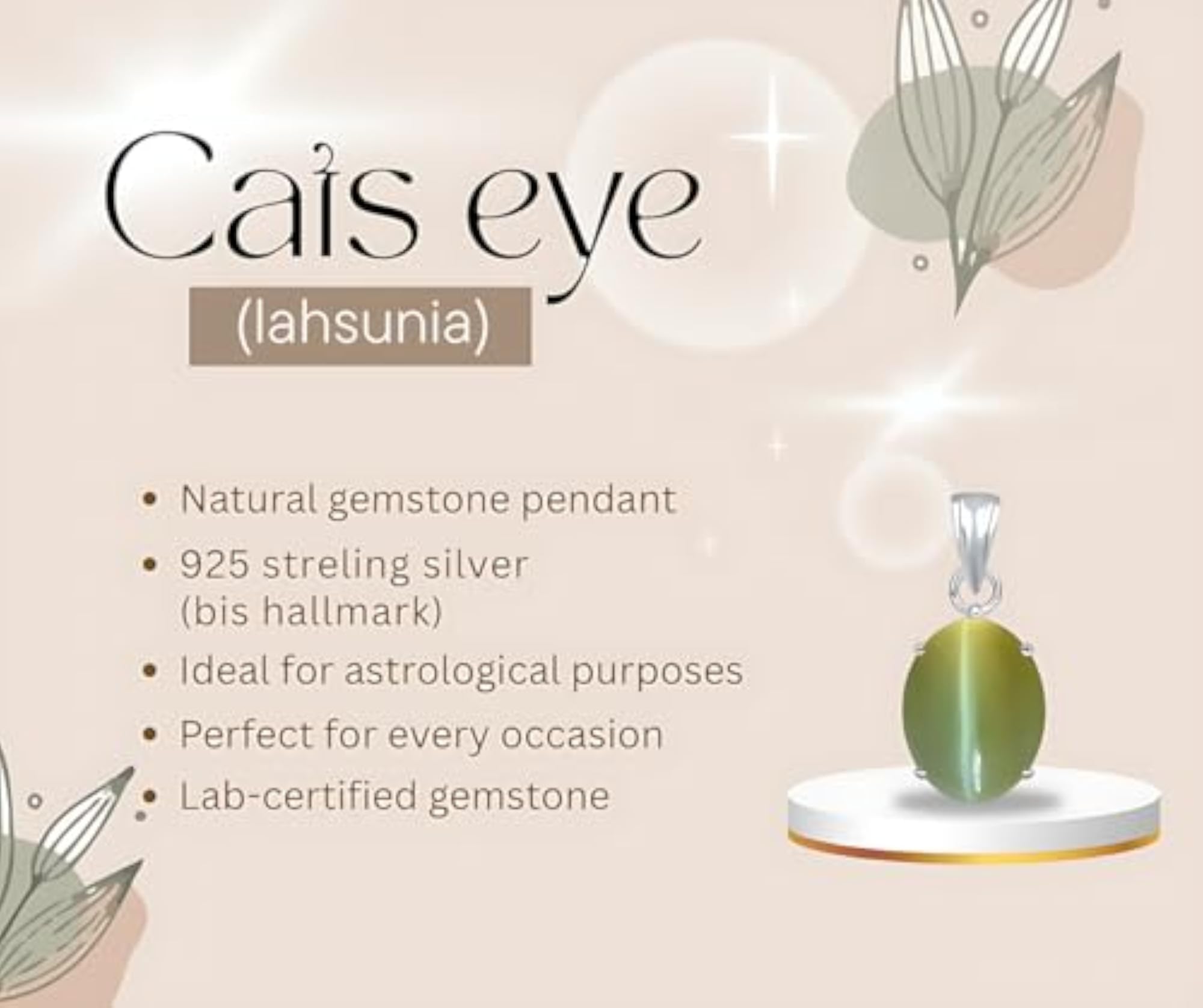 Pure 925 Silver Cat's Eye Pendant, Astrological Birthstone