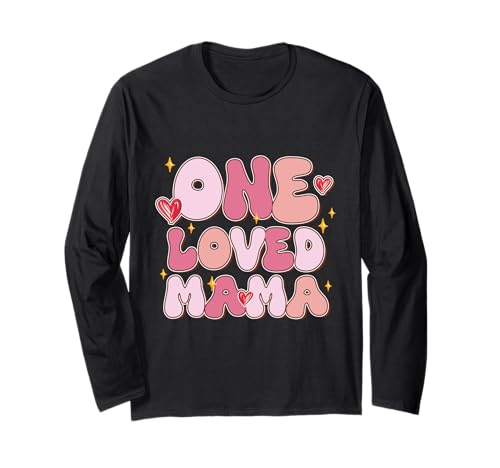 One Loved Mama Camisa Retro Groovy Rosa Valentine Love Mom Manga Larga