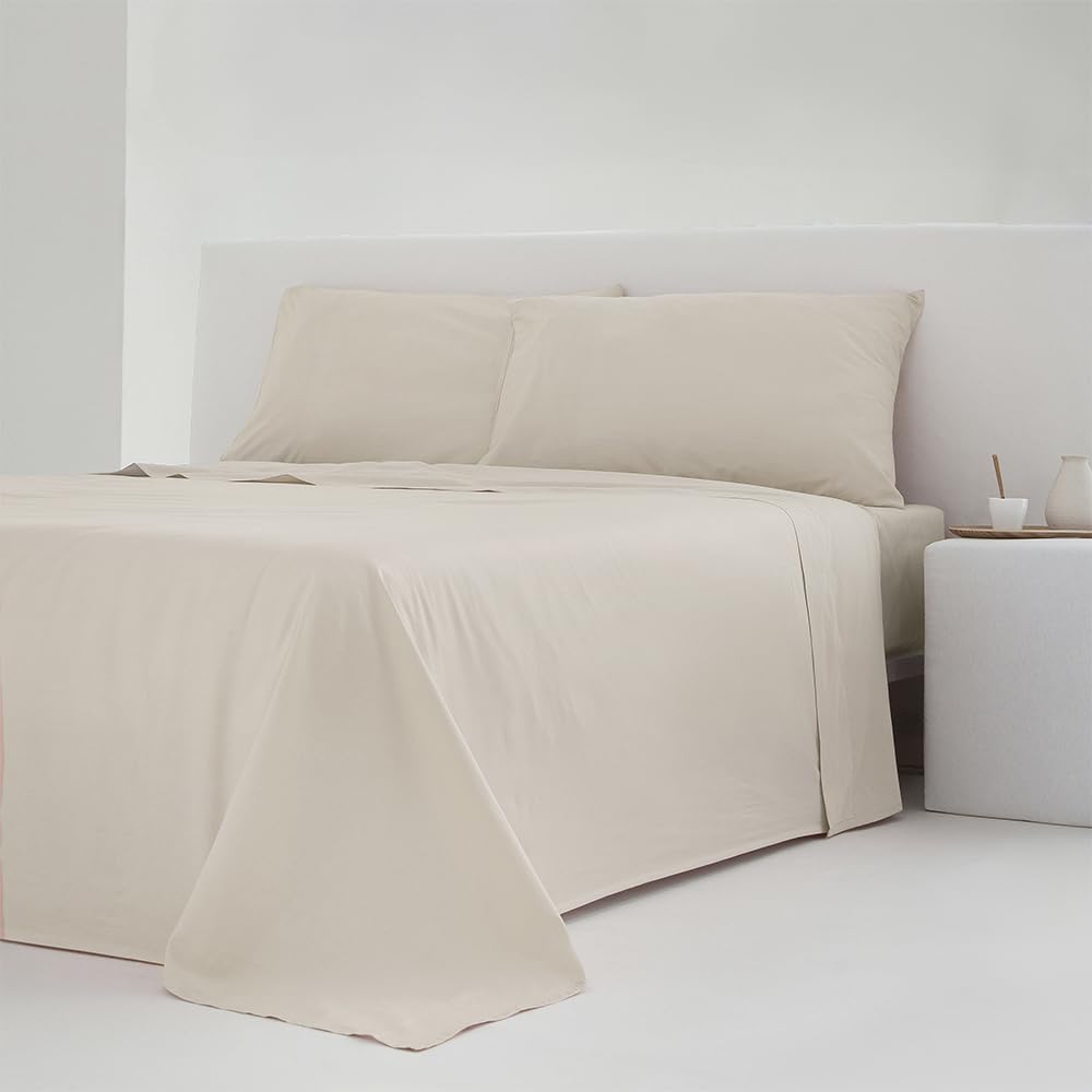 COTTON ARTean Set di lenzuola per Letto 150x190 / 200 Percalle Cotone 200 Fili Noa Beige 4 Pezzi