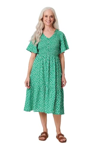 Izabel London Ditsy Floral Midi Smock Dress for Women UK with v-Neck, Buttons, 1/2 Sleeves and Tiered midi Hem. Green