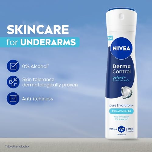 Image of NIVEA Derma Control Defend Deodorant Spray | 0% Alcohol Deodorant | With Pure Hyaluron & Pro Vitamin B5 | Long Lasting with 72h Active Protection | For Underarm Care| Deodorant Spray for Women 150 ml
