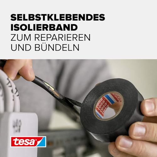 tesa Isolierband - Selbstklebendes Isolierband, hitzebeständig - Zum Isolieren, Reparieren und Bündeln - 1 x 10m - Schwarz