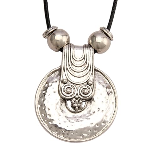 GelConnie Boho Long Pendant Necklace for Women Vintage Silver Round Hammered Disc Pendant with Brown Leather Cord, Adjustable Statement Jewelry for Casual or Party Outfits