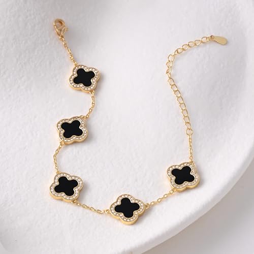 Image of Billet-doux 14k Gold Plated Clovers Bracelet with Sparkling Cubic Zirconia Stones, Non-Tarnish Gold Plated Four Leaf Clover Bracelet, Mother's Day Jewelry Gifts for Women