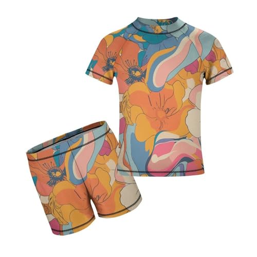 Retro 70s Colorful FloralChildren's Casual Swimsuit Set - Simple and Versatile9-11Y（140cm）
