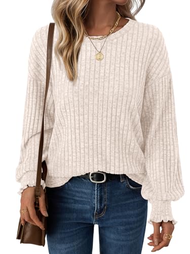 AUTOMET Fall Tops for Women 2025 Long Sleeve Shirts Fashion Outfits Crewneck Sweaters Trendy Blouse Dressy Casual Winter Clothes Tunic Apricot M