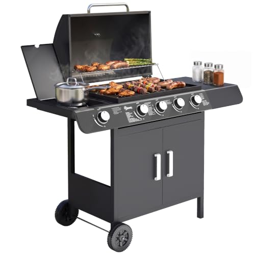 Outsunny Barbacoa de Gas con 4+1 Quemadores 14,4 KW Mesas Laterales Armario de Almacenaje Termómetro y 2 Ruedas Acero Inoxidable BBQ 125x51x100 cm Negro
