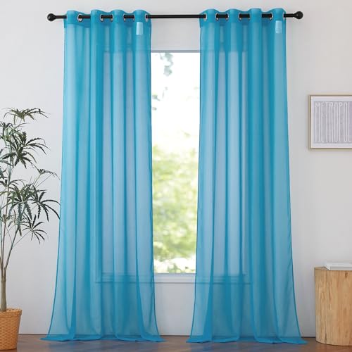 Image of NICETOWN Sheer Window Curtains Sweep to Floor, Grommet Airy and Breathable Soft Voile Sheer Drapes with Light Filtering for Living Room /Bedroom, Teal, W54 x L108, 2 Panels