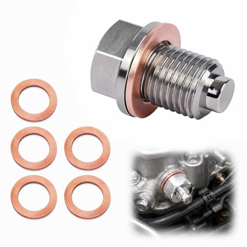 Image of Magnetic Oil Drain Plug, Oil Sump Plug Nut Bolt with 5 Copper Washers, Stainless Steel Oil Plug Replacement for Most Cars Motorcycle Engine Oil Pan Protection (M14x1.5)