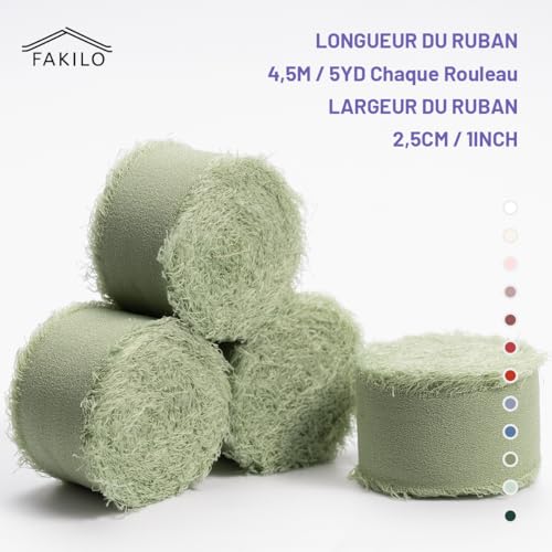 FAKILO Handmade Fringe Chiffon Ribbon - 4 Rolls 1'' X 5 Yd Light Green, 20 Yd Chiffon Silk Ribbon for Wedding Invitations, Bridal Bouquets, Gifts Wrapping, DIY Crafts - Image 2