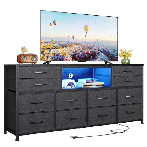 BTHFST LED TV Stand Dresser for Bedroom with Power Outlets, 55 inch Entertainment Center with 12 Drawers, Media Console Table for 32/45/55/60 inch TVs, Chest of Drawers for Bedroom, PU Black
