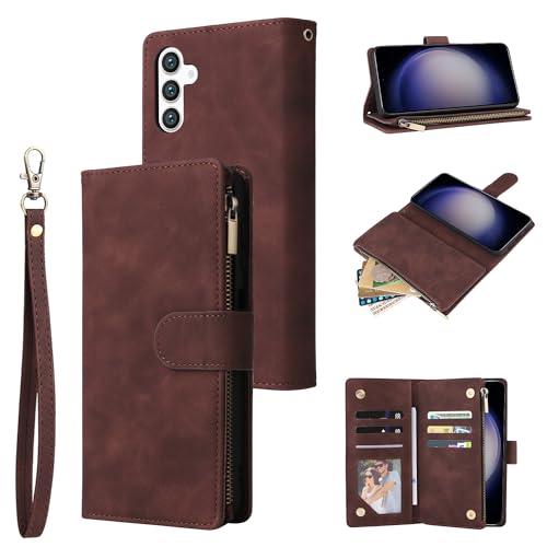 QLTYPRI Case for Samsung Galaxy A56, Large Capacity Leather Wallet Case 6 Card Holder and 1 Zipper Pocket Kickstand Wrist Strap Magnetic Protective Cover for A56 - Coffee Brown