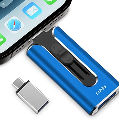 Casyest Flash Drive 512GB, Stick for Pc/Phone/iPad .etc Thumb Drive, 4 in 1 Memory Stick Use One-Piece Design/Push-Pull Design, USB 3.0 External Data Storage Drive 512GB - 80MB/s, Blue