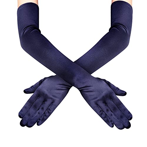 Lansian Womens 22 Long Satin Gloves White Elbow Length 1920s Opera Bridal Dance Gloves For Evening Party Opera Costume Dark Blue